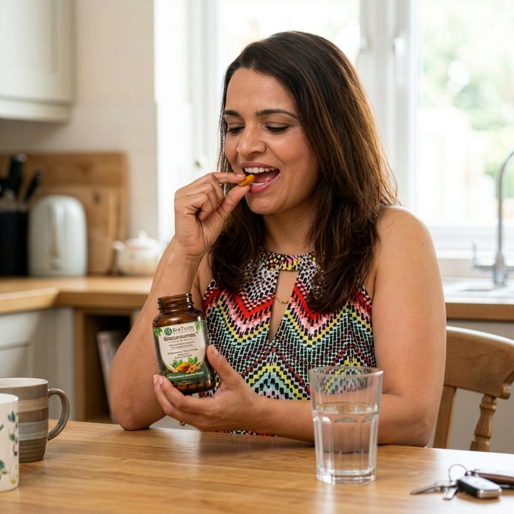 A woman taking her daily Biocurcumax capsule at home